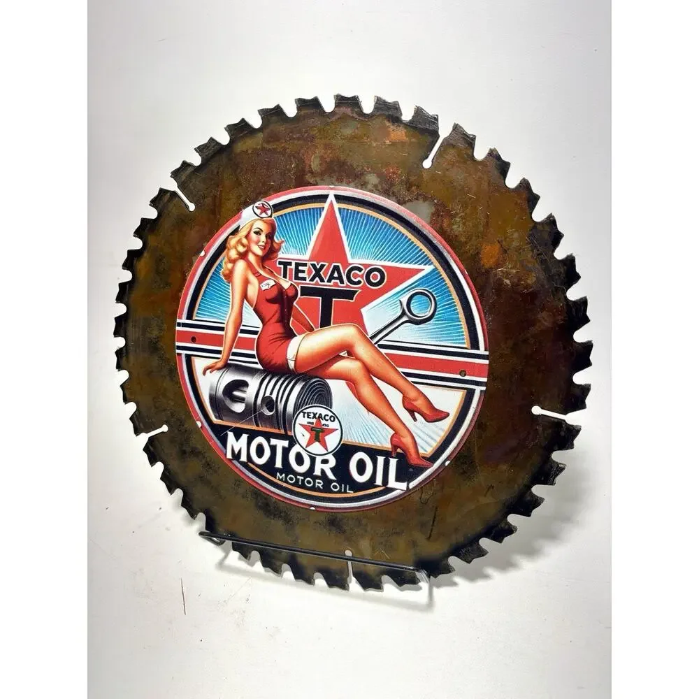 Texaco Saw Blade Wall Art Handcrafted Timber & Tarnish One Of A Kind Gas Decor